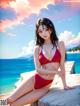 A woman in a red bikini sitting on a dock.