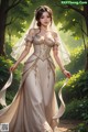 A woman in a wedding dress walking through a forest.