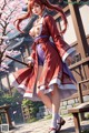 A woman in traditional attire holds a sword, standing outdoors near cherry blossoms and wooden structures.