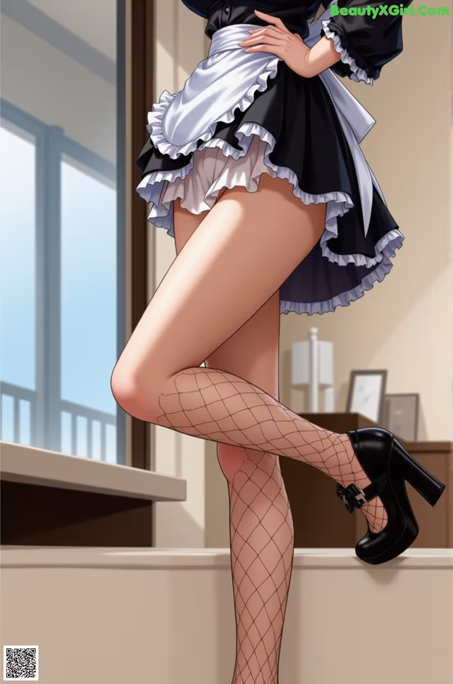 A woman in a maid outfit is posing for a picture.