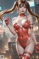 A woman in a red bodysuit standing in front of a city.