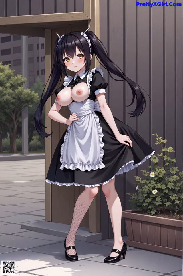 A woman in a maid outfit posing for a picture.