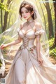 A woman in a wedding dress standing in the woods.