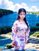 A woman in a kimono standing in a pool of water.